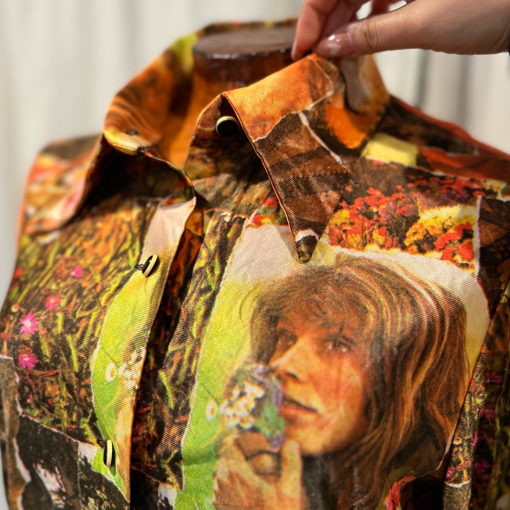 60/70s Rare Poly Novelty Retro Print Dagger Button Down Vintage Shirt